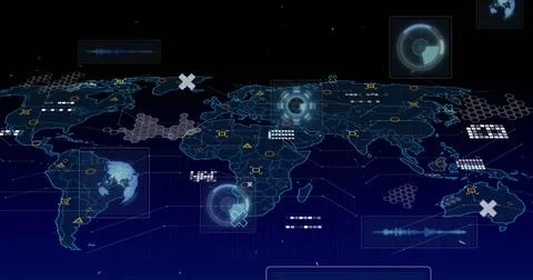 Image of round scanners and data processing over world map against black Stock Illustration