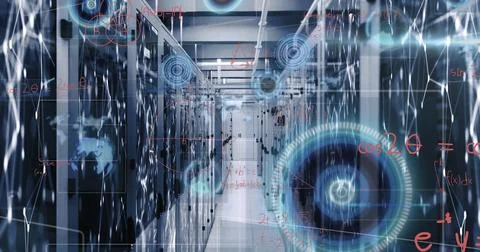 Image of round scanners and data processing against network of connections over Stock Photos