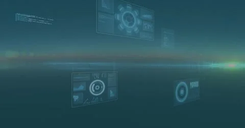 Image of round scanners and data processing over light spot against blue Foto stock