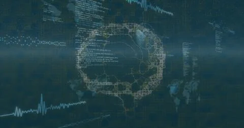 Image of round scanners and data processing over spinning human brain icon on Foto stock