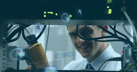Image of round scanners and data processing over caucasian male engineer working Stock Photos