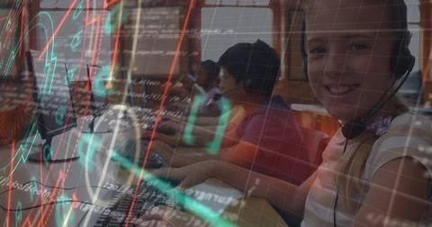 Image of round scanners and data processing against childrens using computer at Stock Photos