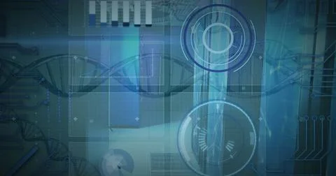Image of round scanners, data processing and dna structures spinning against Stock Illustration