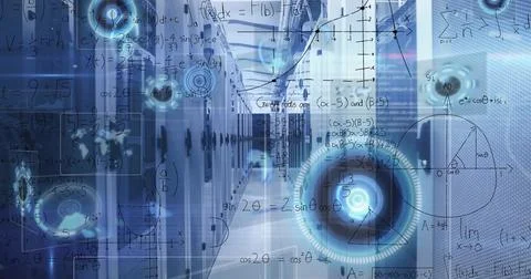 Image of round scanners, data processing and mathematical equations against 写真素材