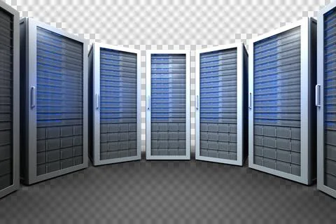 Image of row of computer servers with blue lights on Foto stock