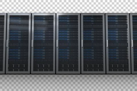 Image of row of computer servers with blue lights on Foto stock