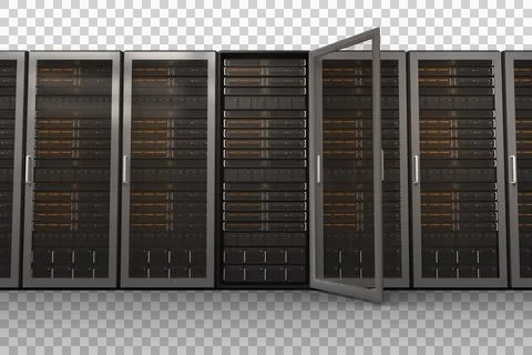 Image of row of computer servers with orange lights on Foto stock