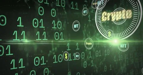 Image of rows of binary coding, currency and cryptocurrency symbols moving on Stock Illustration