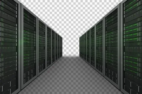 Image of rows of computer servers with green lights on Stock Photos