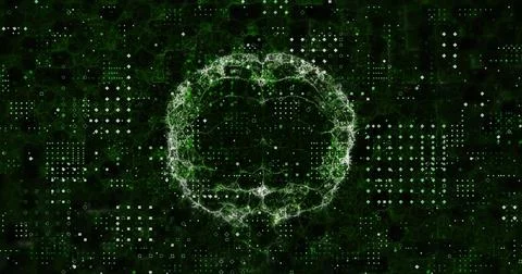 Image of rows of dots pattern over spinning human brain icon against green Illustrazione stock