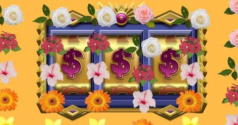 Image of rows of matching flower heads moving over fruit machine background Ilustração Stock