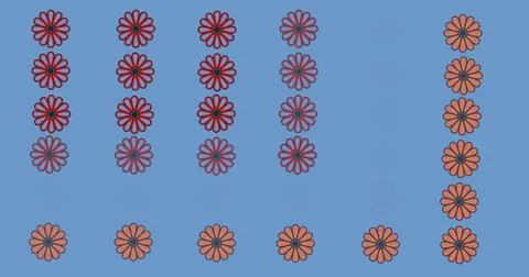 Image of rows of red and orange flowers moving over blue background Ilustração Stock