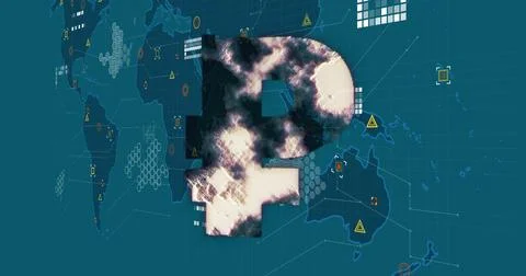 Image of ruble icon over world map and data Illustrazione stock