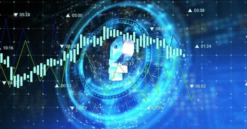 Image of russian ruble symbol on rotating safe lock over processing data Illustrazione stock