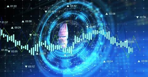Image of russian ruble symbol on rotating safe lock over processing data Illustrazione stock