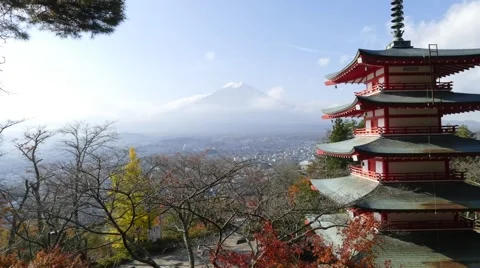 Image of the sacred mountain of Fuji in the background of blue sky Stock Footage 45956093