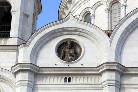 The image of the Saint on the Cathedral of Christ the Savior in Moscow Stock Photos