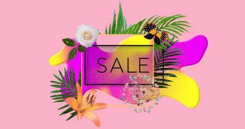 Image of sale text in frame over glowing blob and flowers on pink background Ilustração Stock