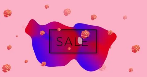 Image of sale text in frame over glowing blob and flowers on pink background Ilustração Stock