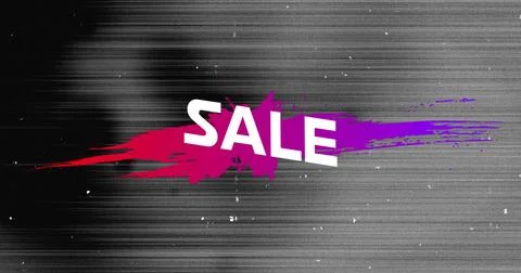 Image of sale text in white over pink to purple paint splash on grey flickering Stock Illustration