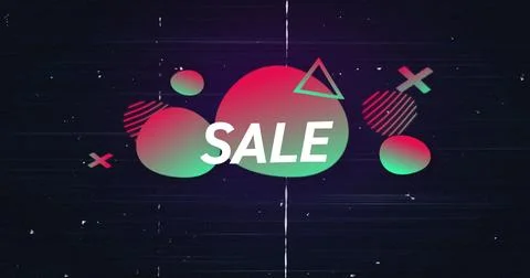 Image of sale text in white over green to red shapes on grey flickering Stock Illustration