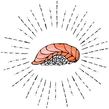 Image Salmon Sushi in Sun Rays for Seafood Menu. Vector Illustration Isolated On イラスト素材