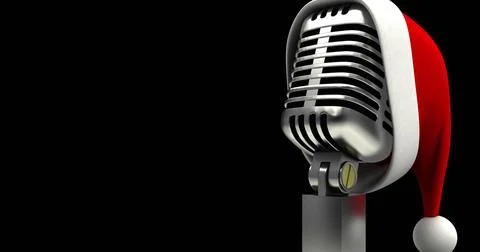 Image of santa claus hat on retro microphone and fairy lights flickering over Stock Illustration