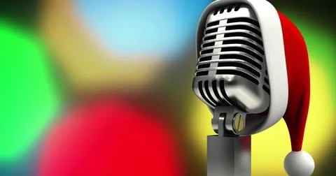 Image of santa claus hat on retro microphone and fairy lights flickering over Stock Illustration