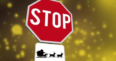 Image of santa in sleigh and stop road sign over yellow spots Ilustração Stock