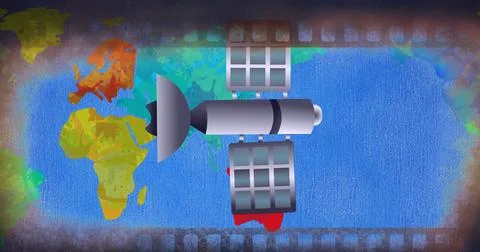 Image of satellite flying over world map Stock Illustration