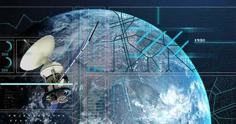 Image of satellite over globe and data processing on blue background Illustrazione stock