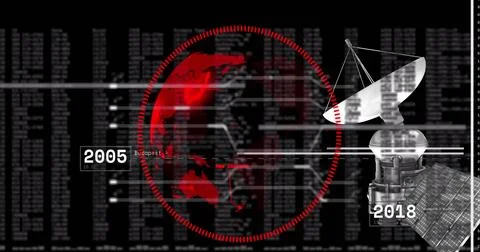 Image of satellite over globe and numbers processing on black background Stock Illustration
