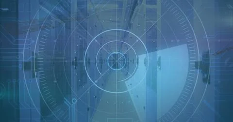 Image of scanner and data processing over computer server room Foto stock