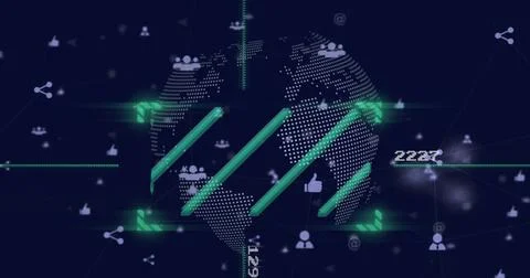 Image of scanner, data processing and people icons over globe and networks Illustrazione stock