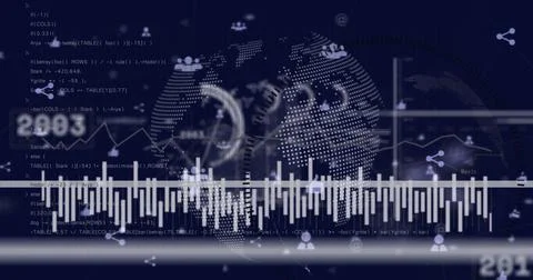Image of scanner, data processing and people icons over globe and networks Illustrazione stock