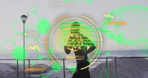 Image of scanner, elements and data over african american man running by sea Fotos Stock