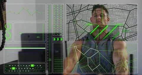 Image of scanner, map and processing data over caucasian man using rowing 스톡 사진