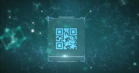 Image of scanner processing blue qr code over communication networks on dark Illustrazione stock
