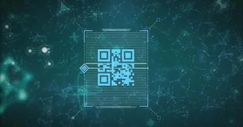 Image of scanner processing blue qr code over communication networks on dark Illustrazione stock