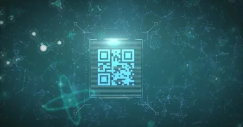 Image of scanner processing blue qr code over communication networks on dark イラスト素材