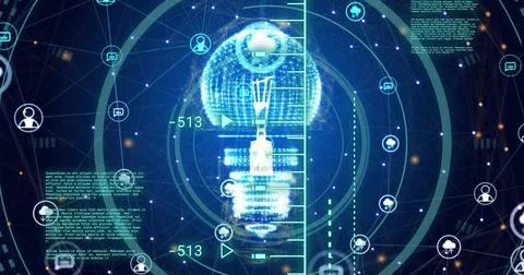 Image of scanner, processing data, light bulb and communication networks on dark Illustrazione stock