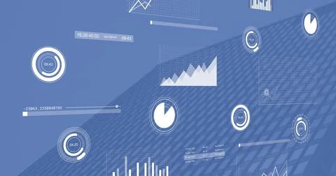 Image of scanners and charts processing data over blue office block background Stock Illustration