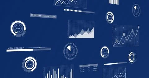 Image of scanners and charts processing data on dark blue background イラスト素材