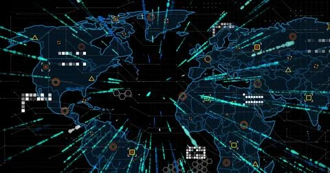 Image of scanners and data processing over world map 스톡 사진