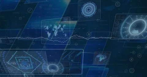 Image of scanners and screens with data processing against blue background Stock-Illustration