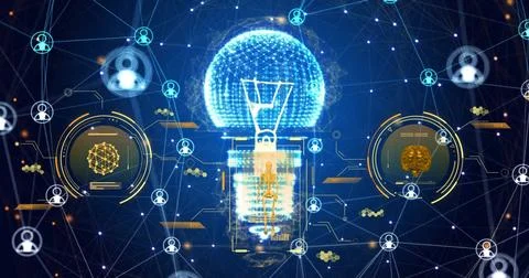 Image of scanners processing data, light bulb and network of people icons on Stock Illustration