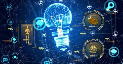 Image of scanners processing data, light bulb and network of people icons on Stock Illustration