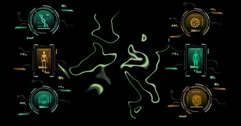 Image of scanners processing medical data and reflective liquid on black Stock Illustration