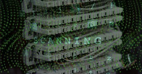 Image of scanning and green numbers falling over computer wires Illustrazione stock