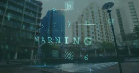 Image of scanning and numbers over blurred cityscape Ilustração Stock